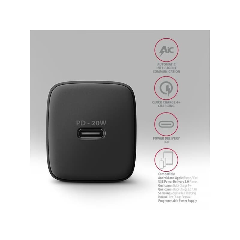 AXAGON ACU-PD20, nabíjačka do siete 20W, 1x port USB-C, PD3.0/PPS/QC4+/AFC/Apple, čierna 4