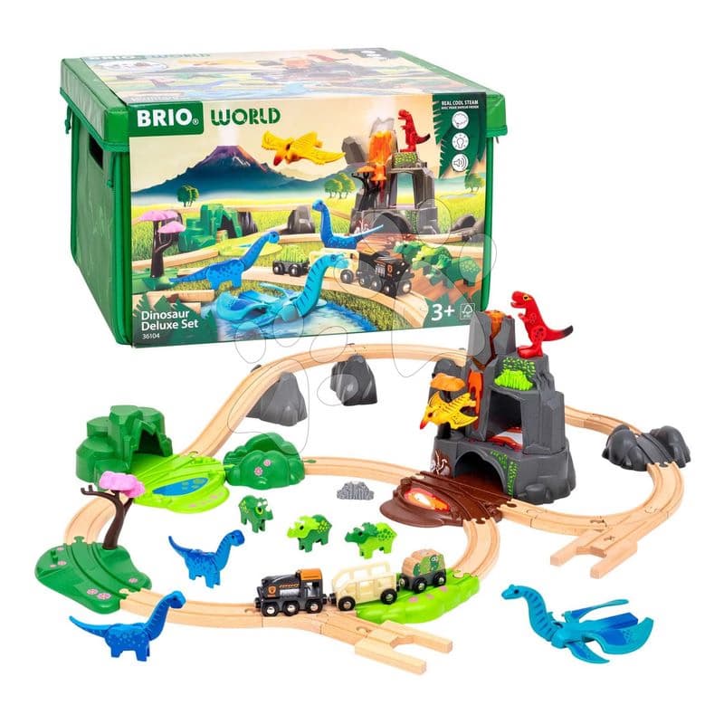 Drevená vláčikodráha s dinosaurami Dinosaur Deluxe Set BRIO sopka so zvukom a svetlom a vláčik s 8 figúrkami 45 dielov 1