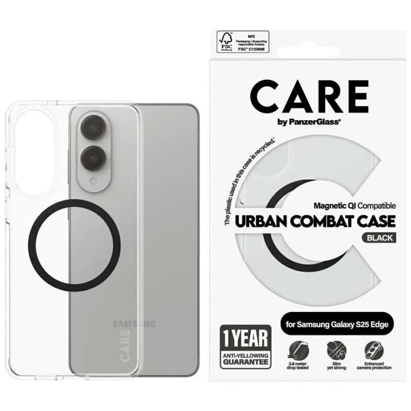PanzerGlass CARE by ® Flagship Case Transparent Urban Combat w. Black Qi Compatible Samsung S25 Edge puzdro na mobilný telefón Ochranný obal Priehľadná