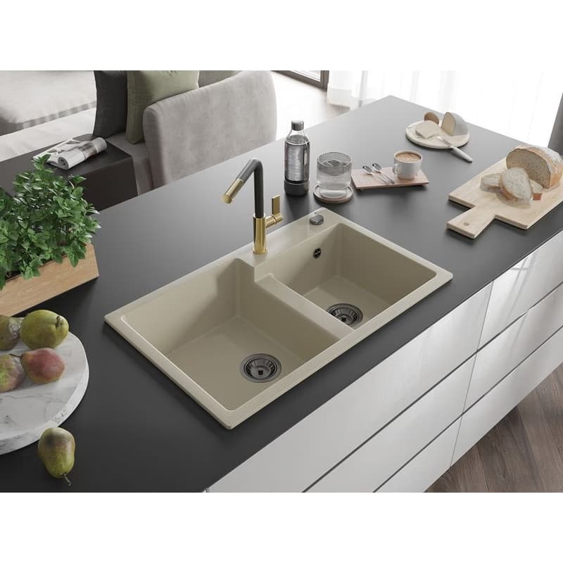 MEXEN/S MEXEN/S - Tomas granitový drez 2-bowl vrátane batérie Flora, béžová 6516-69-670401-57-B 2