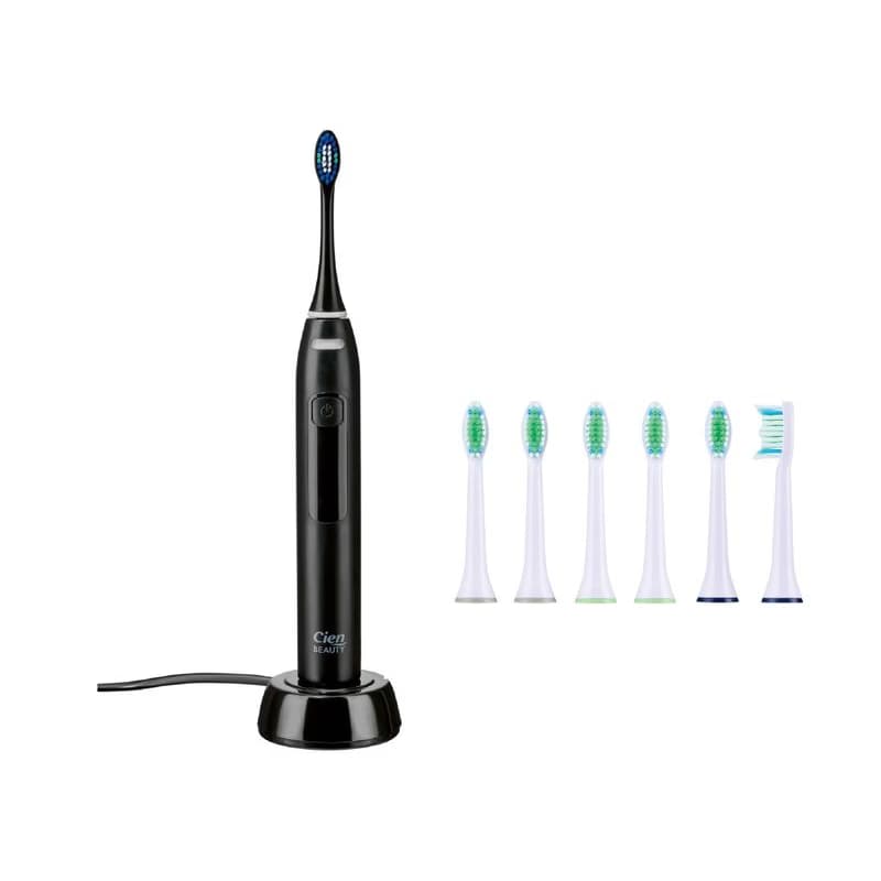 CIEN Beauty Aku sonická zubná kefka CBSZB 3.7 A1, čierna + Náhradné hlavice na zubnú kefku, 6 kusov