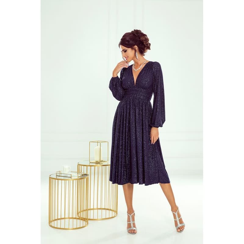 Warsaw Dress Tmavomodré trblietavé midi šaty s dlhými rukávmi Veľkosť: XXL