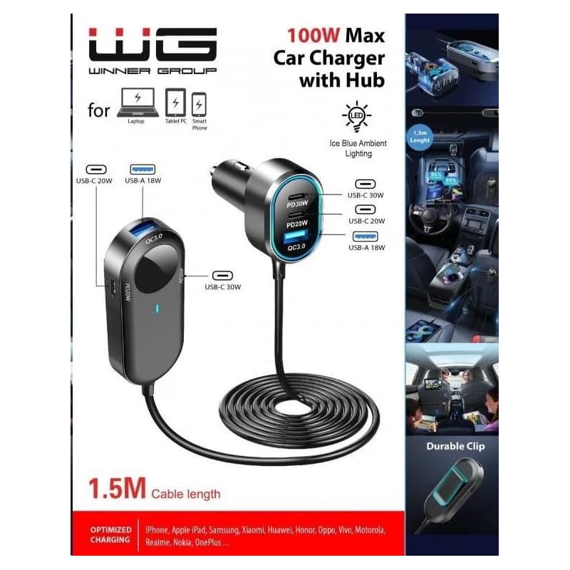 WG - Autonabíjačka rozbočovač / 100W / 6 USB ports / 2x USB-A + 4x USB-C / s predĺžením 6