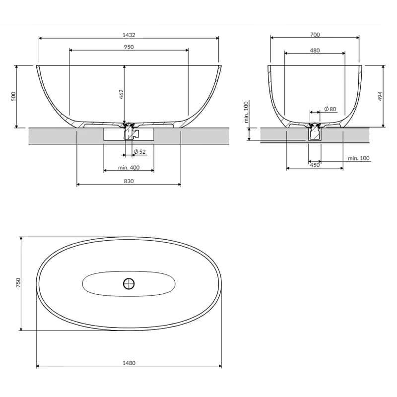 OMNIRES - SHELL M+ voľne stojaca vaňa, 148 x 75 cm, biela mat SHELL148WWBM 6