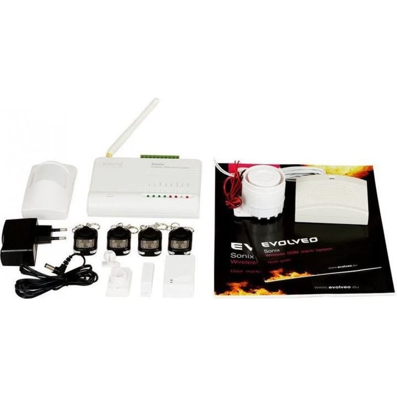 EVOLVEO Sonix - bezdrôtový GSM alarm (4 ks diaľk. ovl., PIR čidlo pohybu, čidlo na dvere/okno, externé repro, Android/iPhone 5