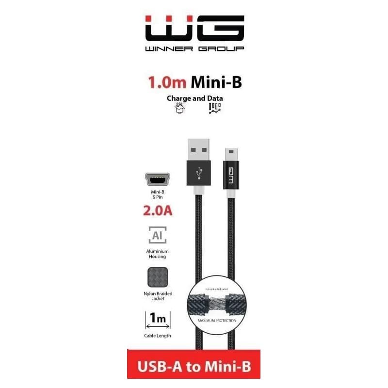 WG - Dátový kábel USB Mini-B (5 pins)-USB-A / 1m / nylon braided / black 2