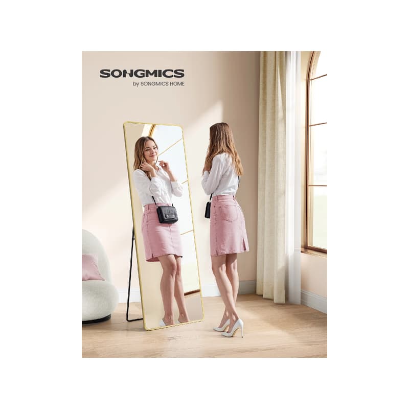 SONGMICS Stojanové zrkadlo so zlatým rámom obdĺžnik tvrdené sklo 160 x 50 cm zlatá 1