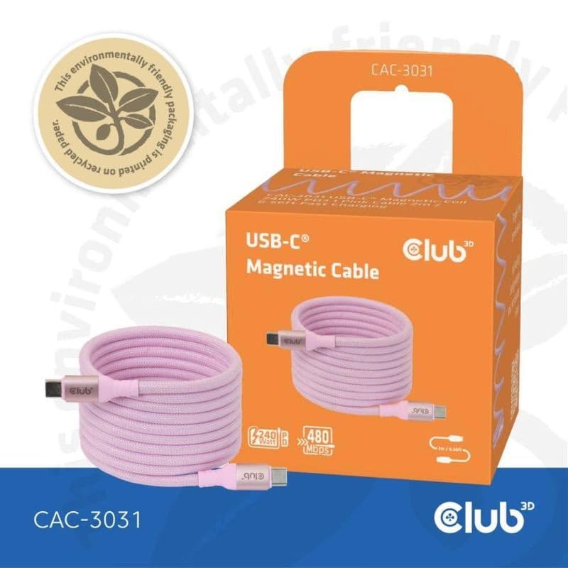 Club3D Kábel magnetický USB-C, 240W PD3.1, 480 Mbps, 2m, ružová 6
