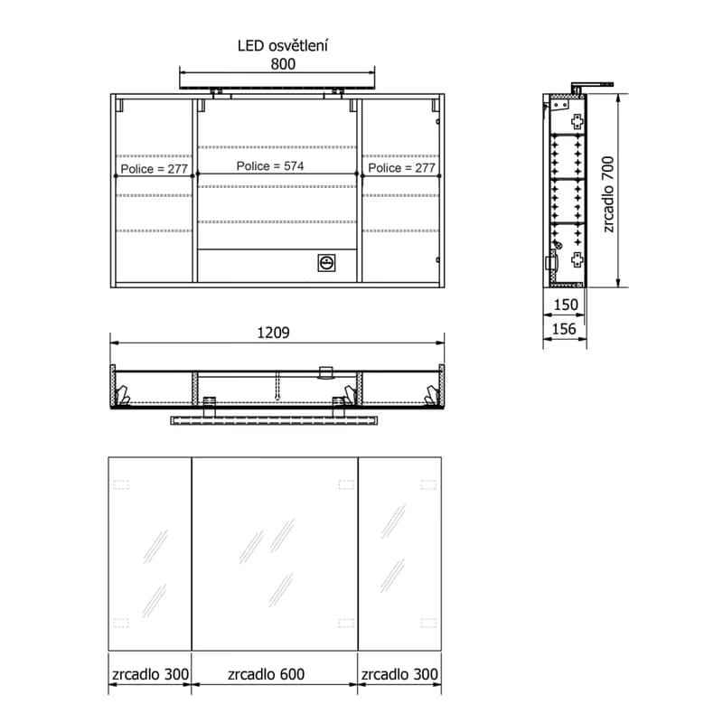 SAPHO - MIRRÓ galérka s LED osvetlením, 3x dvierka, 120x70x16cm, biela MC121-0030 2