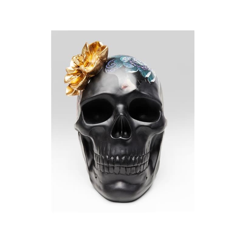 Flower Skull dekorácia lebka čierna/zlatá