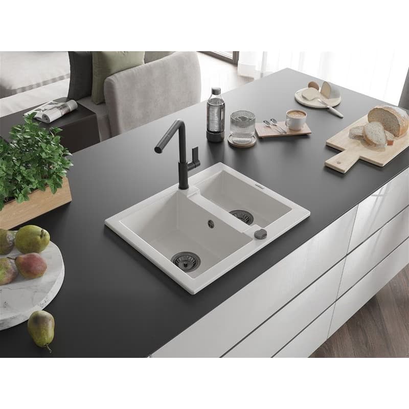 MEXEN/S MEXEN/S - Carlos granitový drez 1.5 vrátane batérie Flora, biela 6518-20-670401-70-B 2