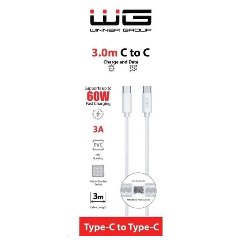 WG - Dátový kábel Type-C na Type-C, 3 metre, 3A, 60W, biela 2