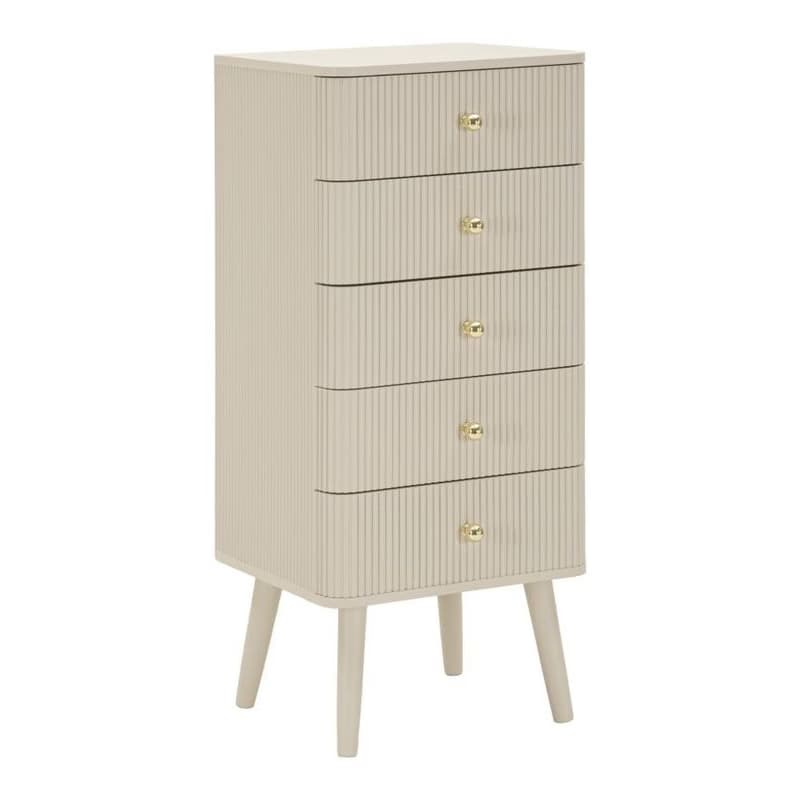 Estila Art deco vysoká béžová komoda Shelly s piatimi zásuvkami so zlatými úchytkami a rebrovaným reliéfnym zdobením 89 cm