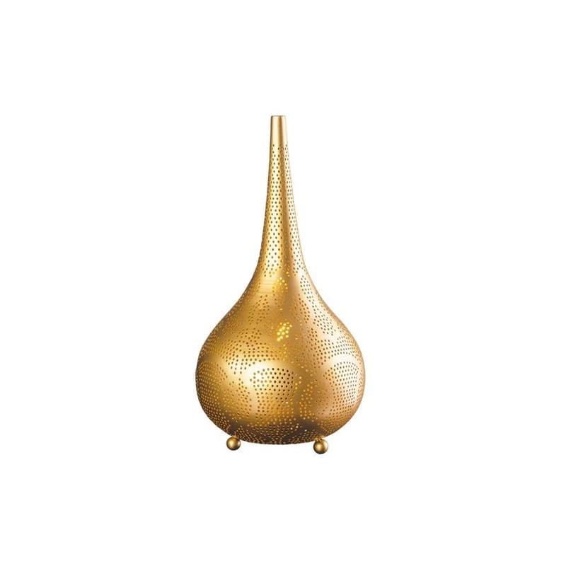 Estila Orientálna stolová lampa Fatima okrúhleho tvaru z kovu v zlatej farbe s perforáciou s tromi nožičkami 52 cm