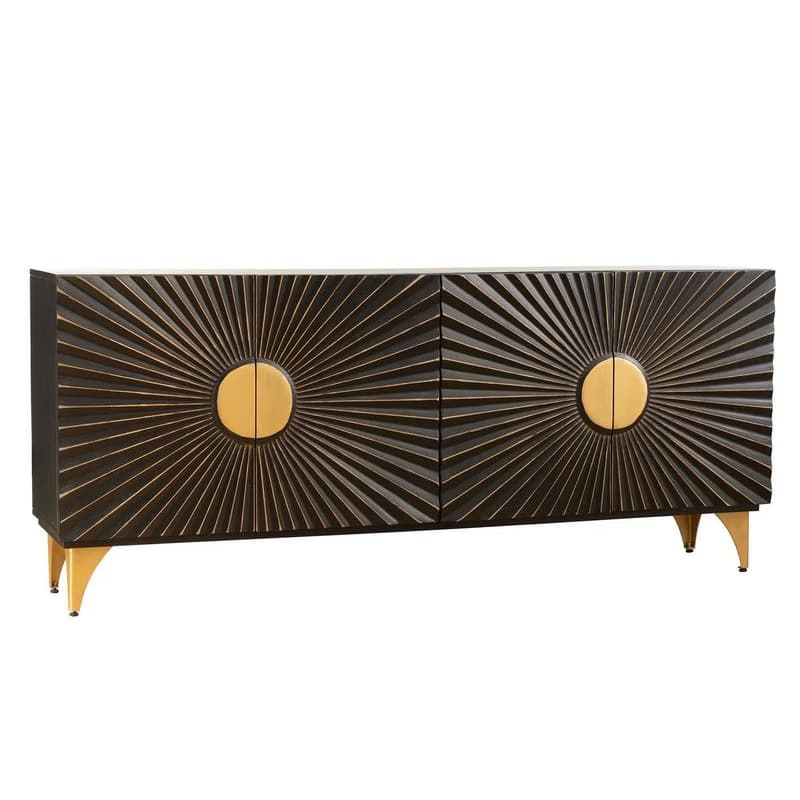 Estila Dizajnový art deco štvordverový čierny príborník Guzman s ozdobným reliéfom slnečných lúčov a zlatými detailmi 177 cm 1