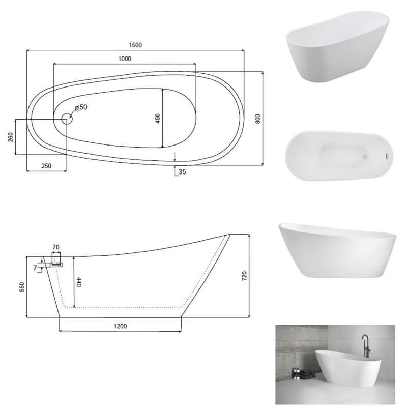 BESCO - Voľne stojaca vaňa MELODY - Farba - Biela, Rozmer vane - 150 × 80 cm VANMELODY150 5