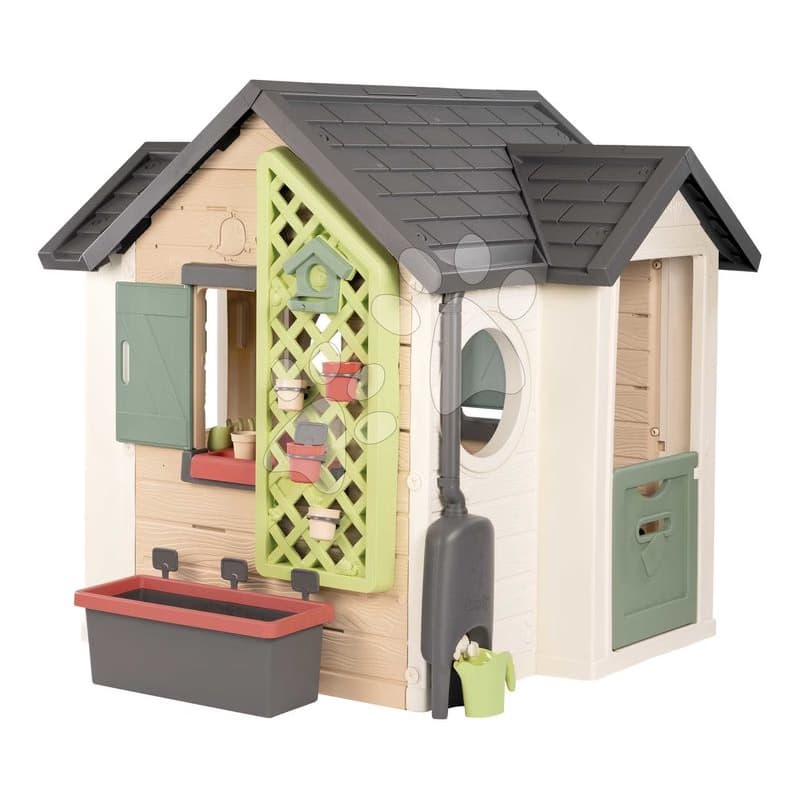 Domček pre záhradníka s kvetináčmi Garden House Life Smoby rozšíriteľný s odkvapom a mriežka s kŕmidlom pre vtáčiky 135 cm s UV filtrom od 24 mes 1