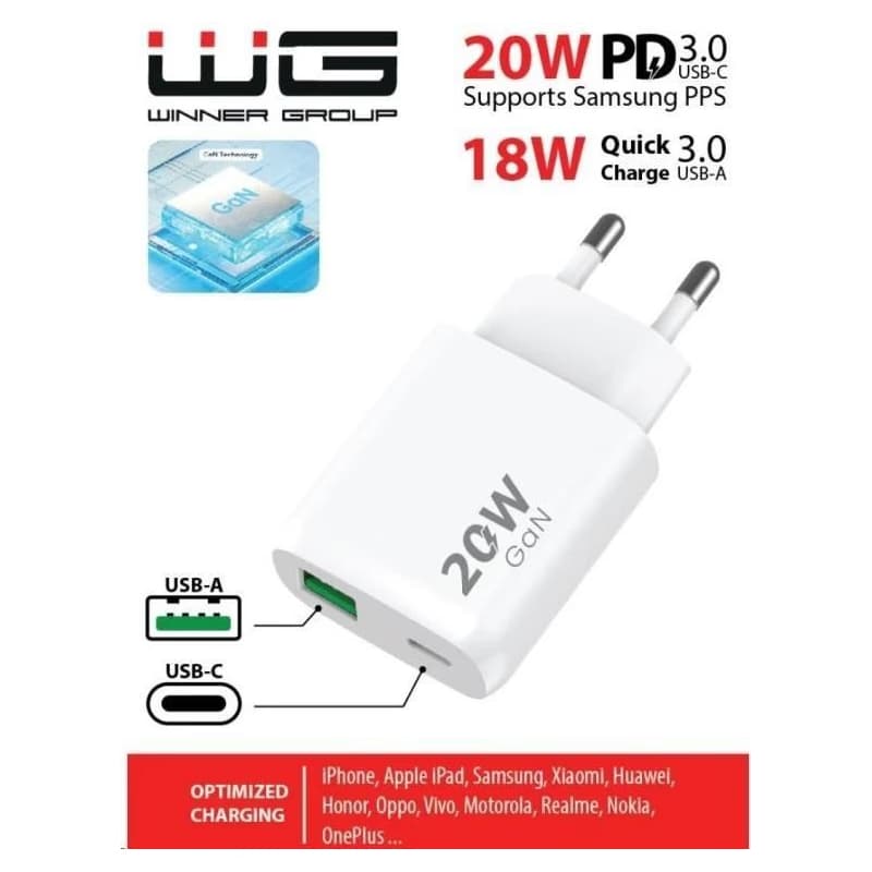 WG - Sieťová nabíjačka 2x USB, 1x USB-C PD 20W + 1x USB-A QC3.0 18W, white 2