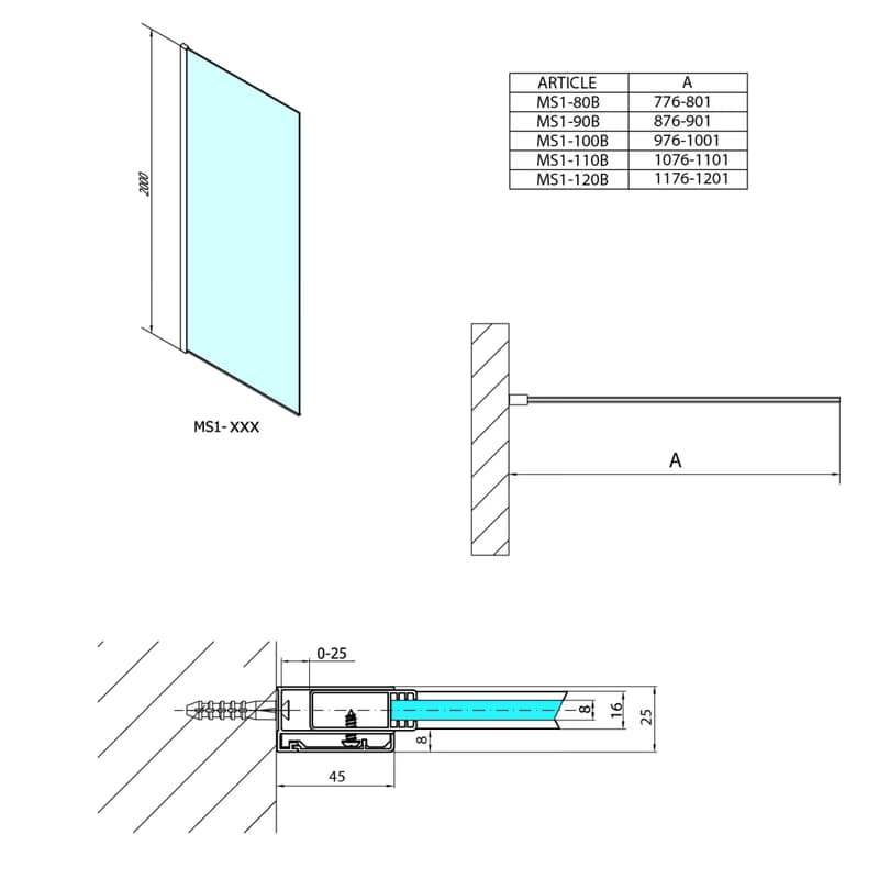 POLYSAN - MODULAR SHOWER BLACK stena na inštaláciu na múr, jednodielna, 800  MS1-80B 2