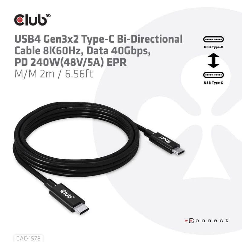Club3D Kábel USB4 Gen3x2 Type-C Obojstranný kábel 8K60Hz, Data 40 Gbps, PD 240W(48V/5A) EPR M/M 2m 2