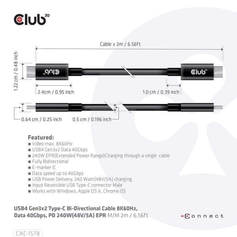 Club3D Kábel USB4 Gen3x2 Type-C Obojstranný kábel 8K60Hz, Data 40 Gbps, PD 240W(48V/5A) EPR M/M 2m 3