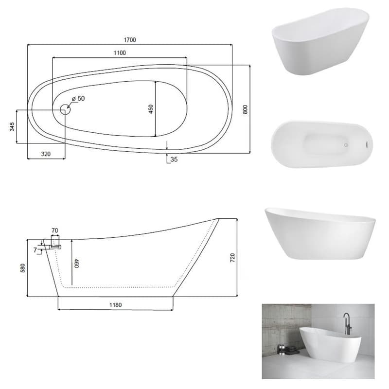 BESCO - Voľne stojaca vaňa MELODY - Farba - Biela, Rozmer vane - 170 × 80 cm VANMELODY170 5