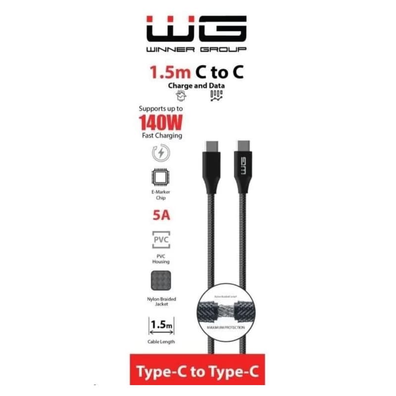 WG - Dátový kábel Type-C na Type-C, 1, 5 metrov, 5A, 140W, čierna 2