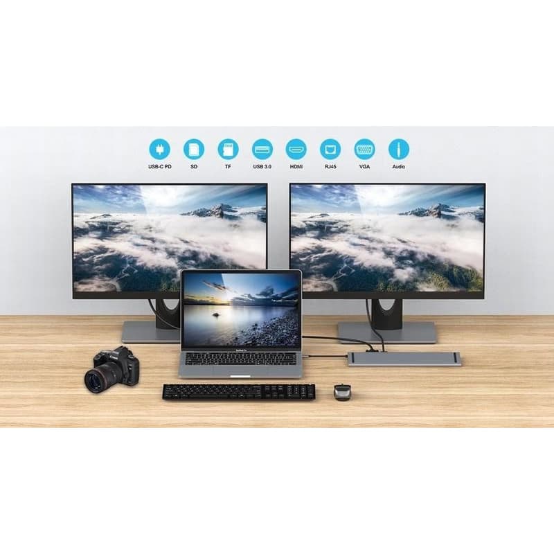 PREMIUMCORD Dokovacia stanica USB-C 10v1, 1xHDMI, 1xVGA, 2xUSB-C, 3xUSB, 1xRJ45, čítačka SD kariet, sivá 2