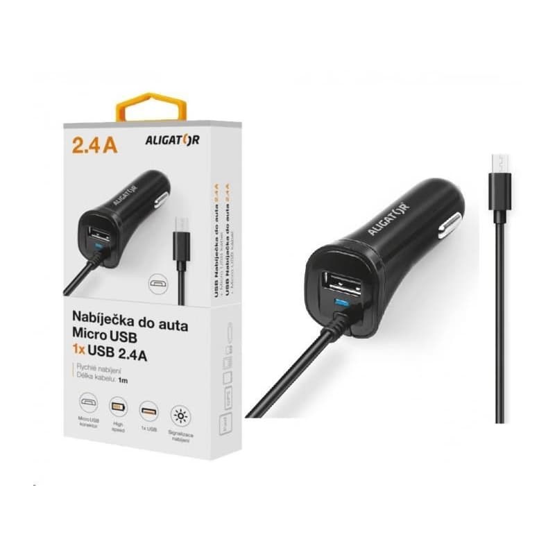 Aligator nabíjačka do auta Turbo charge, 12/24 V, 2, 4 A, microUSB, 1x USB výstup, čierna 1