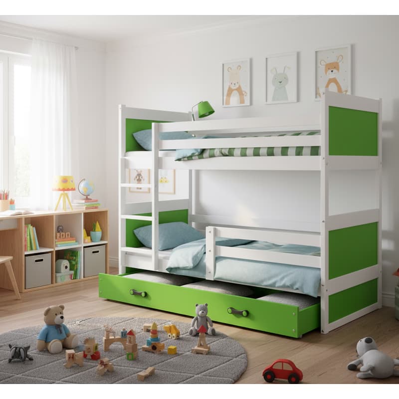 BMS Detská poschodová posteľ RICO 3 s úložným priestorom  | 160x80 cm | biela/zelená 1