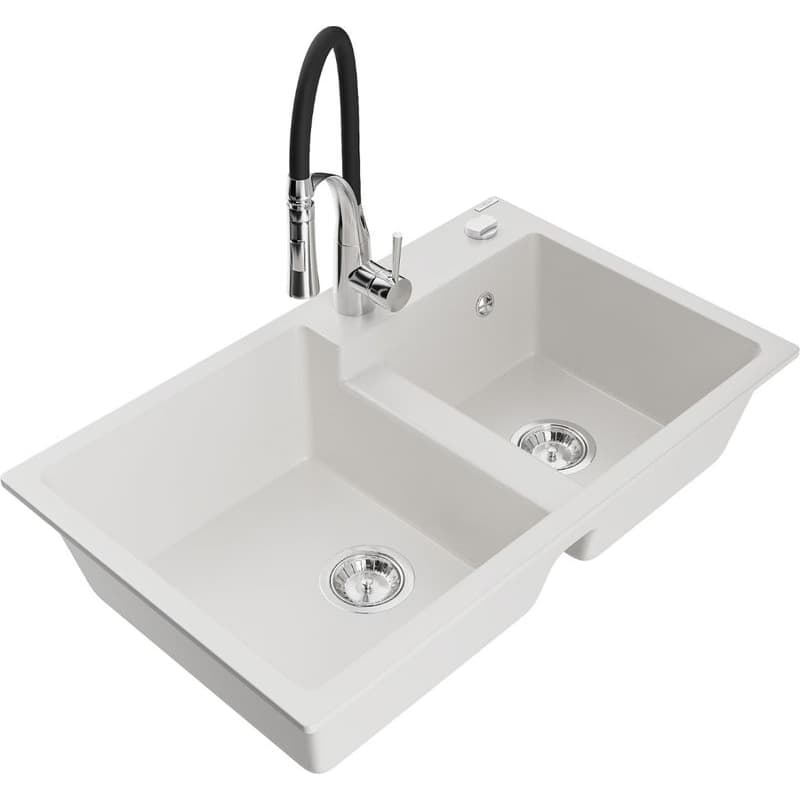 MEXEN/S MEXEN/S - Tomas granitový drez 2-bowl vrátane batérie Aster, biela 6516-20-73450-07