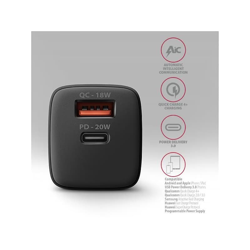 AXAGON ACU-PQ20, nabíjačka do siete 20W, 2x port (USB-A + USB-C), PD3.0/PPS/QC4+/AFC/Apple, čierna 4