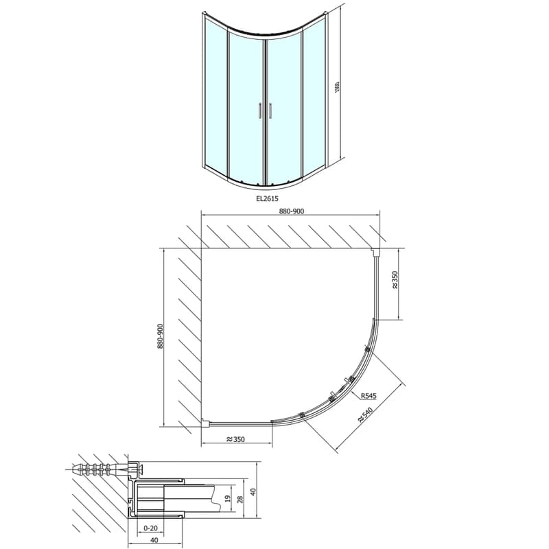 POLYSAN - EASY štvrťkruhová sprchová zástena 900x900, L/R, čire sklo EL2615 2
