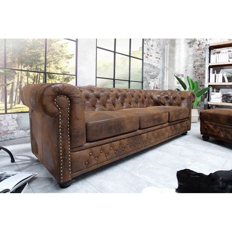 Estila Luxusná vintage hnedá sedačka Antik s chesterfield prešívaním z kože s nitmi s čiernymi nožičkami 205 cm