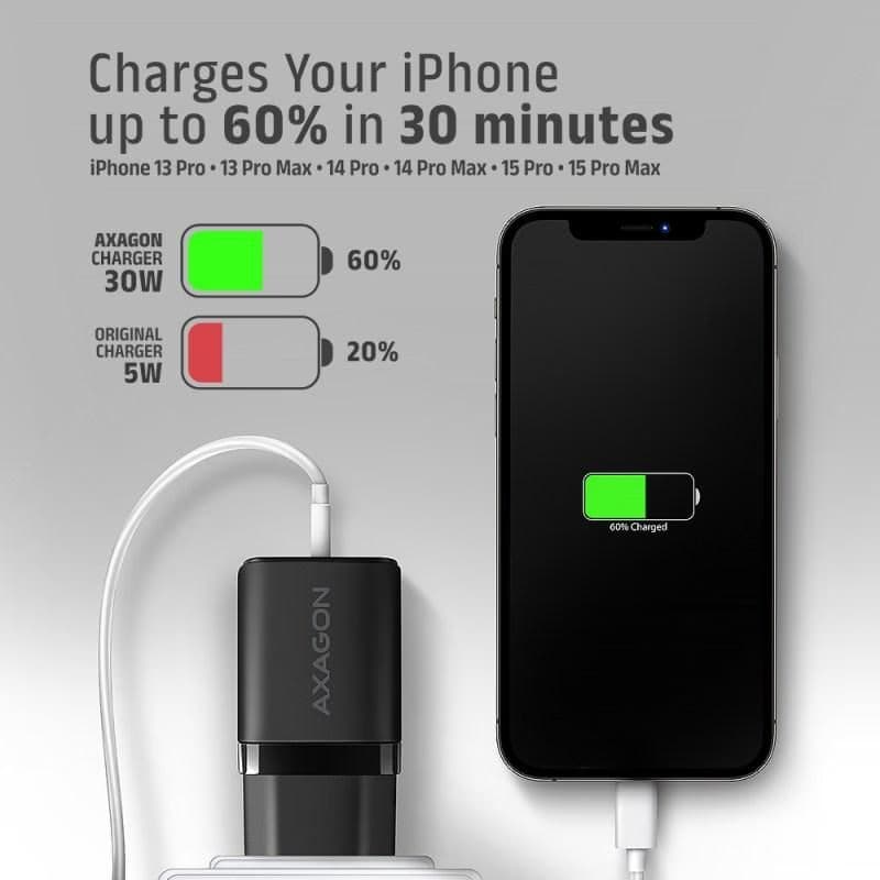 AXAGON ACU-PD30, Sil nabíjačka do siete 30W, 1x port USB-C, PD3.0/PPS/QC4+/SFC/AFC/Apple, čierna 6