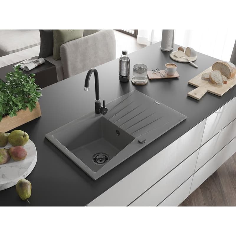 MEXEN/S MEXEN/S - Cesar granitový drez 1 s odkvapkávačom 775 x 470 mm, šedá, + čierny sifón 6514771010-71-B 2