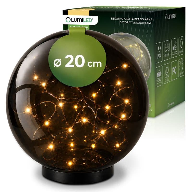 Solárna záhradná lampa LED GLORIS 3000K IP44 zapichovacia pozemná ozdobná guľa dymová 20cm LUMILED 1
