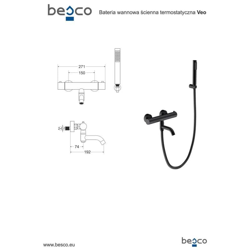 BESCO - Nástenná termostatická vaňová batéria VEO čierna s príslušenstvom BABWVSTCZ 2