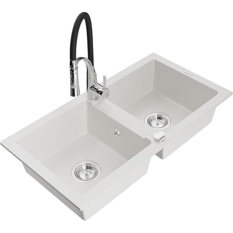 MEXEN/S MEXEN/S - Mario granitový drez 2-bowl vrátane batérie Aster, biela 6504-20-73450-07 1