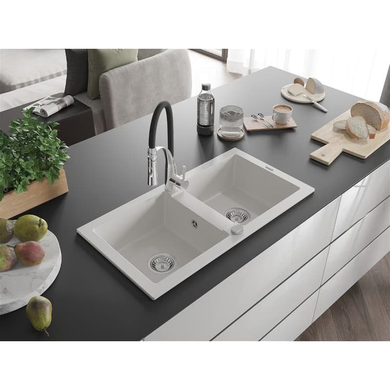 MEXEN/S MEXEN/S - Mario granitový drez 2-bowl vrátane batérie Aster, biela 6504-20-73450-07 2