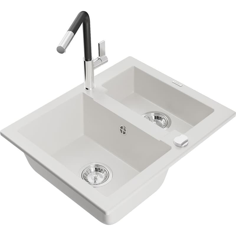 MEXEN/S MEXEN/S - Carlos granitový drez 1.5 vrátane batérie Flora, biela 6518-20-670401-07 1