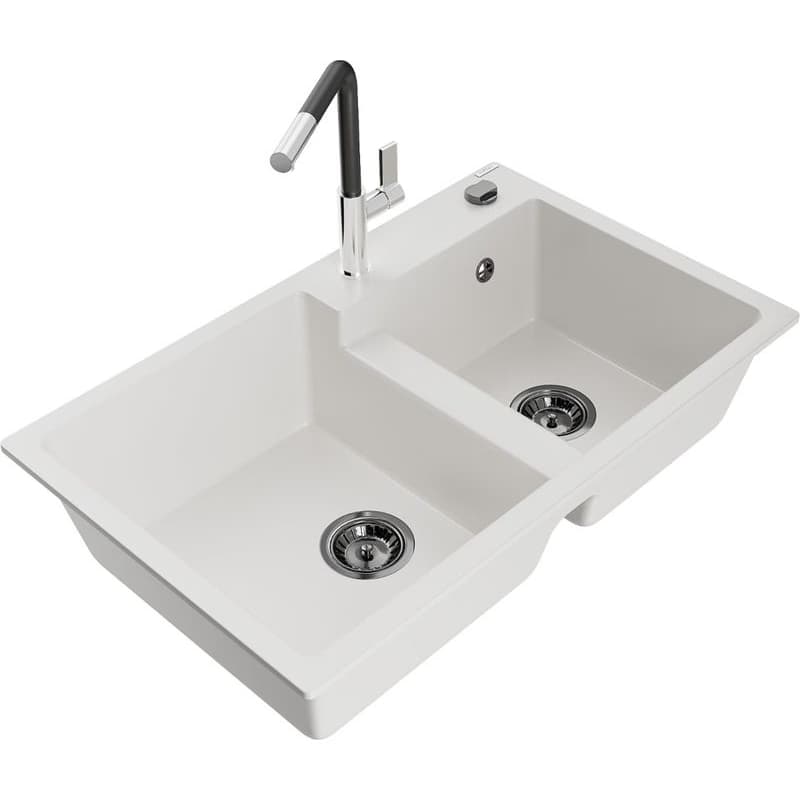 MEXEN/S MEXEN/S - Tomas granitový drez 2-bowl vrátane batérie Flora, biela 6516-20-670401-07-B 1