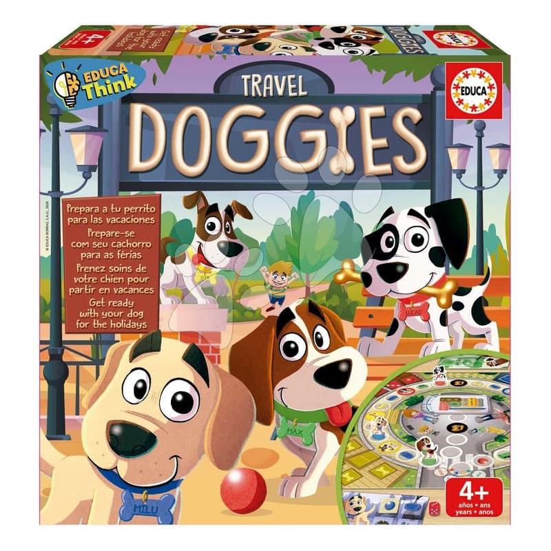 Spoločenská hra Cestovanie so psíkmi Travel Doggies Educa hracia doska so 4 figúrkami a 16 žetónmi v španielčine angličtine francúzštine a portugalčine