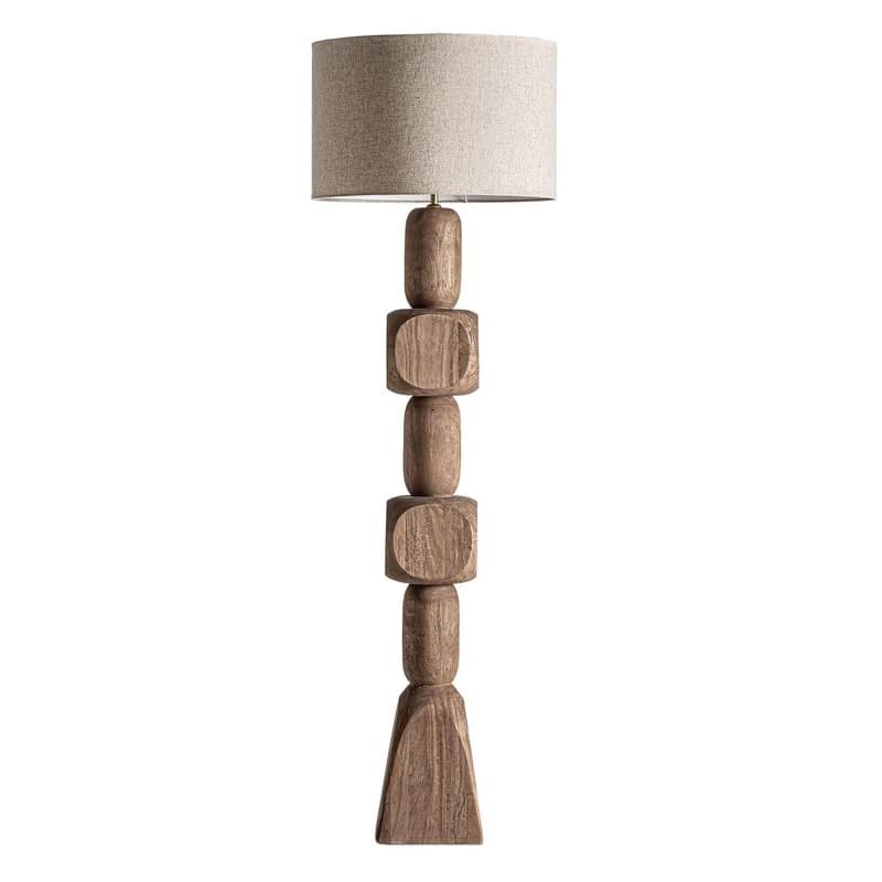 Estila Luxusná etno stojaca lampa Ninewe s hnedou masívnou vyrezávanou nohou z mangového dreva a béžovým jutovým tienidlom 164 cm 1