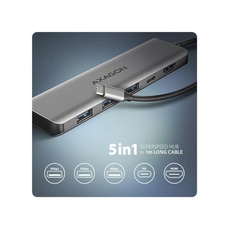 AXAGON HMC-5H, USB 5Gbps húb, 3x USB-A, HDMI 4k/30Hz, PD 100W, kábel USB-C 100cm 2
