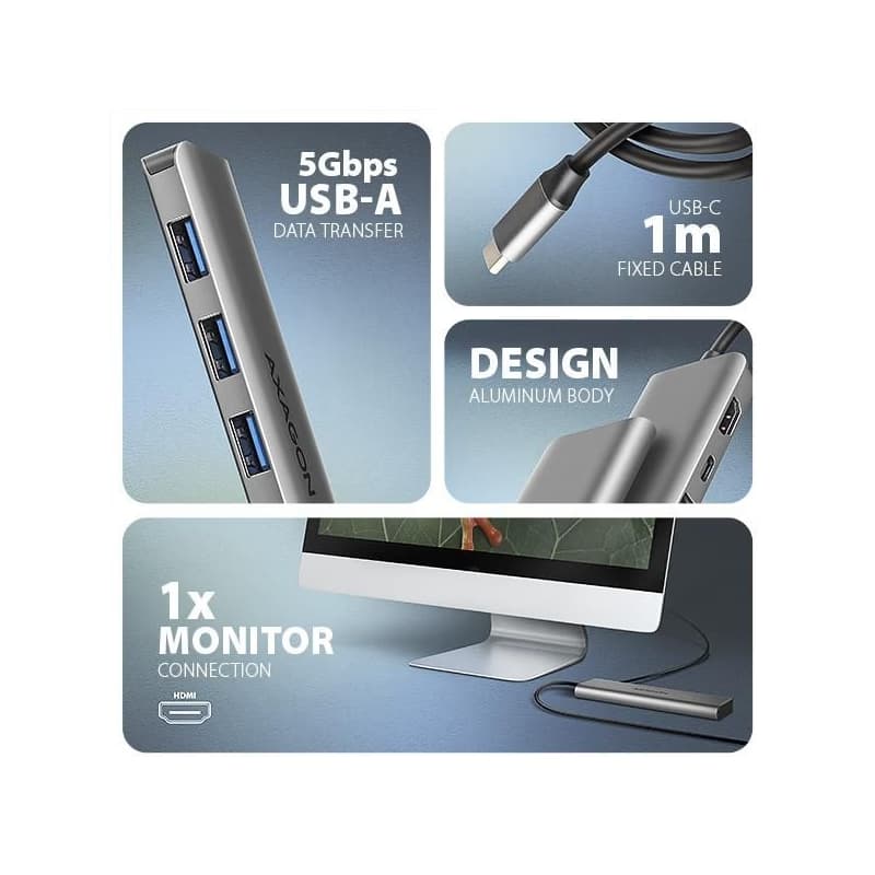 AXAGON HMC-5H, USB 5Gbps húb, 3x USB-A, HDMI 4k/30Hz, PD 100W, kábel USB-C 100cm 3