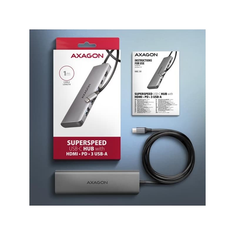 AXAGON HMC-5H, USB 5Gbps húb, 3x USB-A, HDMI 4k/30Hz, PD 100W, kábel USB-C 100cm 6
