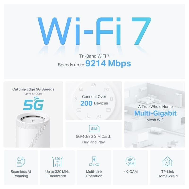 TP-Link Deco BE65-5G (1-pack) WiFi7 Mesh (BE9300, 2, 4GHz/5GHz/6GHz, 3x2, 5GbELAN/WAN, 1xUSB3.0, 4G LTE, 5G, 1xnanoSIM) 4