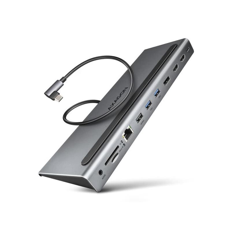 AXAGON HMC-4KX3 USB 5Gbps húb, 3x USB-A, 2x HDMI, DP, RJ-45 GLAN, SD/microSD, audio, PD 100W, kábel USB-C 40cm