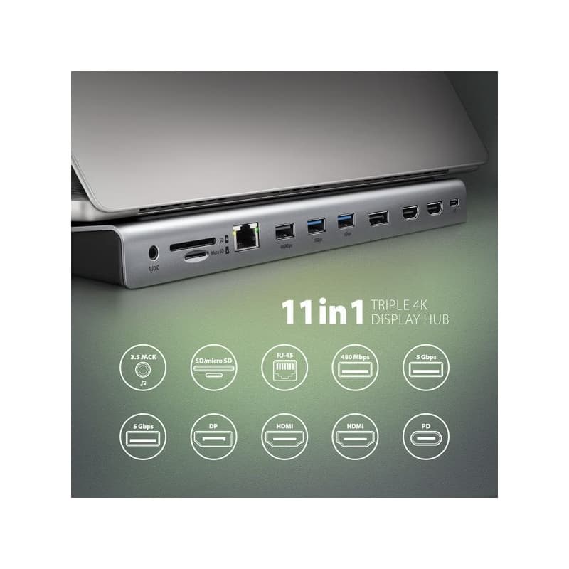 AXAGON HMC-4KX3 USB 5Gbps húb, 3x USB-A, 2x HDMI, DP, RJ-45 GLAN, SD/microSD, audio, PD 100W, kábel USB-C 40cm 2